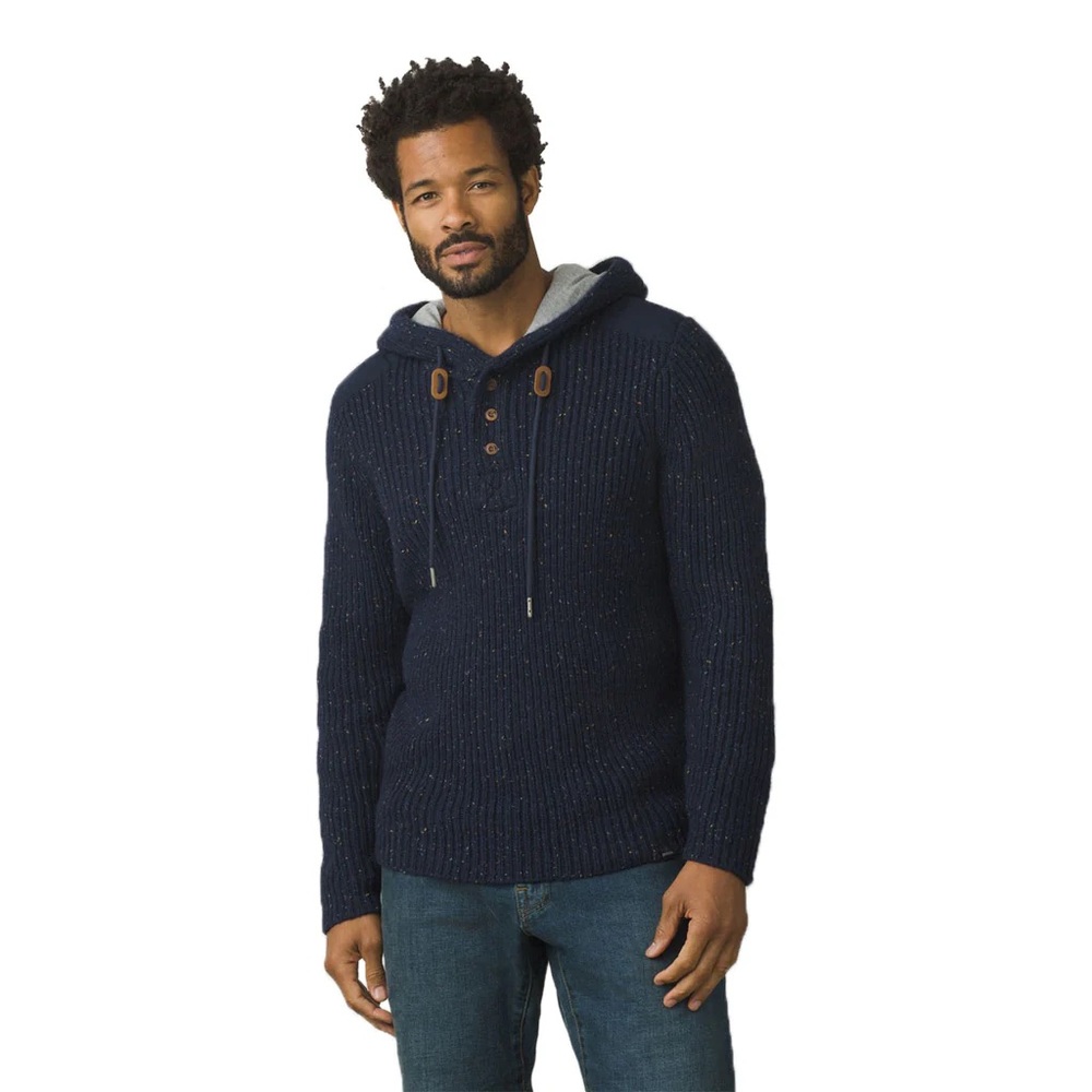 Prana Men's Wool Henley Hooded Chunky Knit Blue Pullover Sweater- Size‎ Medium